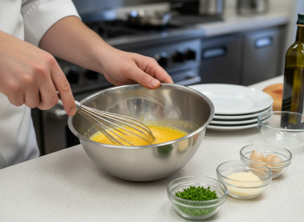 chef hands demonstrating whisking technique for keto breakfast casserole eggs