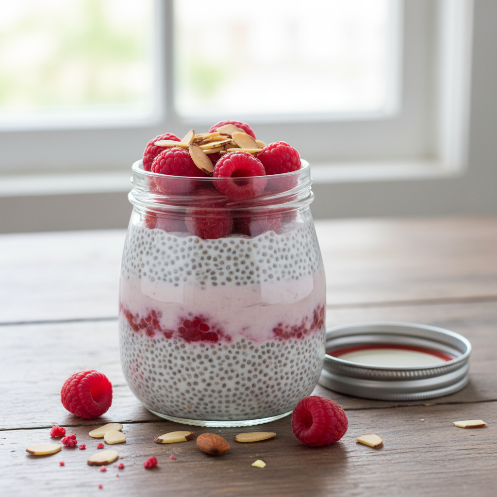 chia pudding parfait with berries in glass jar