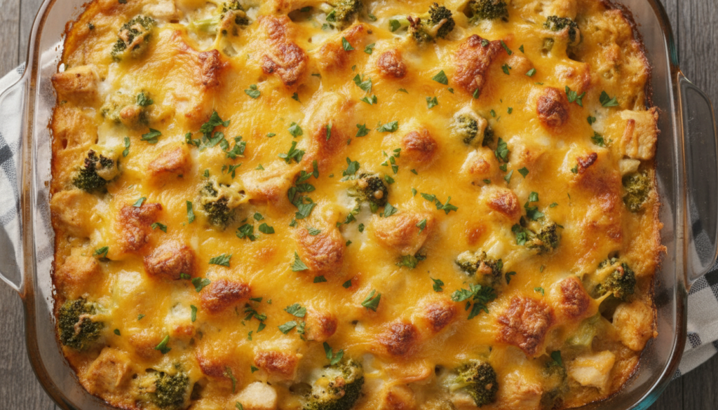 chicken and broccoli casserole with melted cheese topping