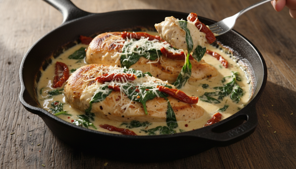 chicken breast in creamy sauce with sun-dried tomatoes and spinach