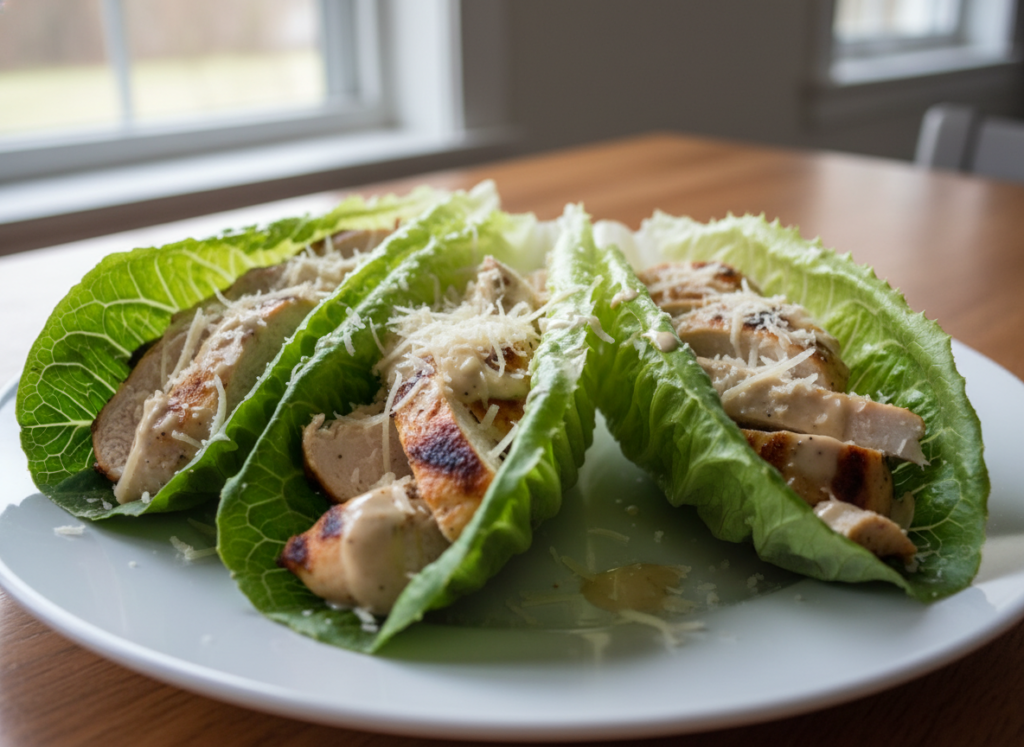 chicken caesar lettuce wraps with grilled chicken and parmesan