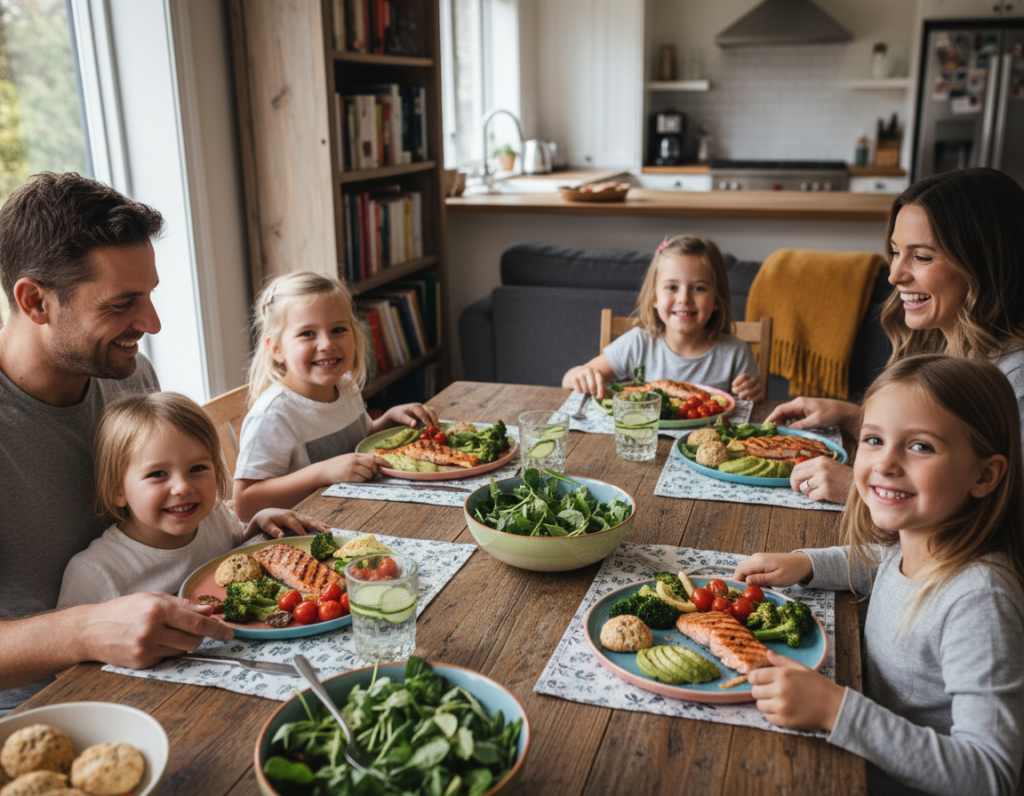 children enjoying keto dinner at family table children enjoying keto dinner at family table