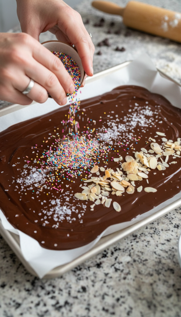 chocolate bark with various toppings being sprinkled