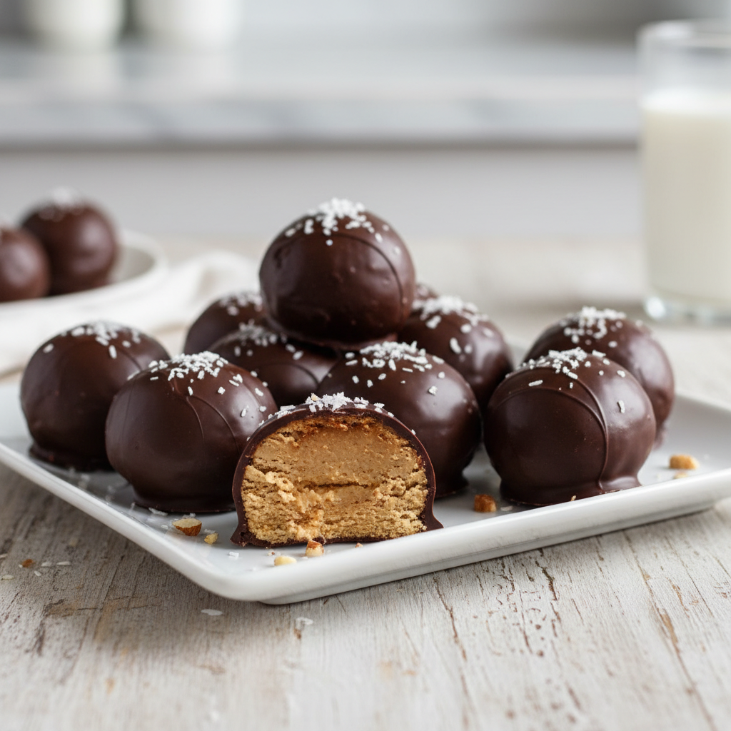 chocolate-covered almond butter fat bombs on a white plate