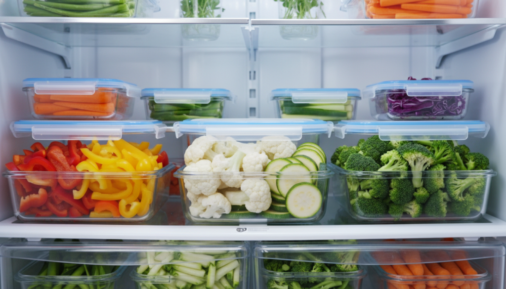 chopped vegetables in glass containers for meal prep