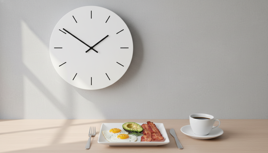 clock and breakfast plate showing meal timing concept