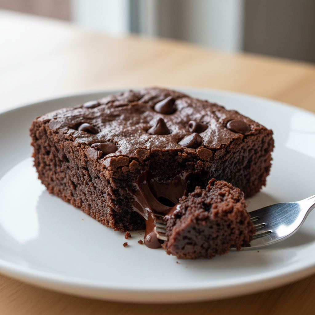 close-up of fudgy keto brownie with chocolate chips
