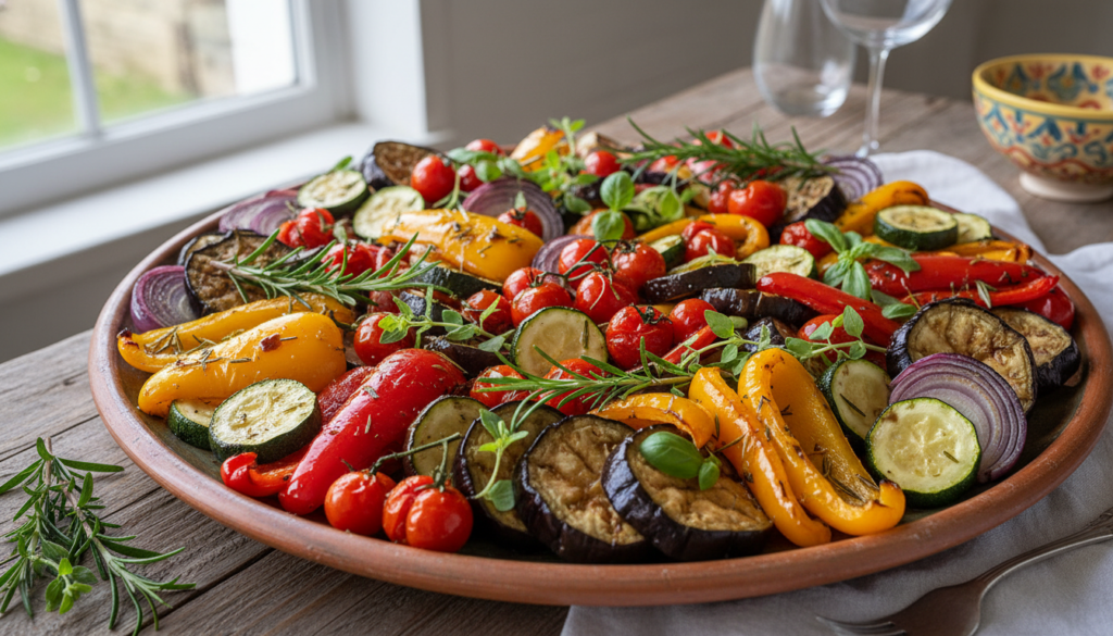 colorful array of roasted vegetables including bell peppers, zucchini, eggplant, and tomatoes
