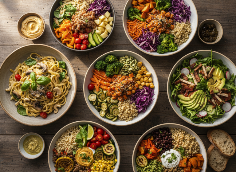colorful array of vegan dinner recipes including buddha bowls, pasta dishes, and vibrant salads on rustic wooden table