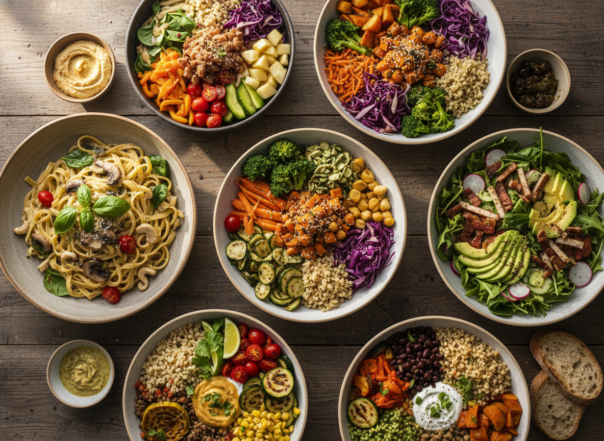 colorful array of vegan dinner recipes including buddha bowls, pasta dishes, and vibrant salads on rustic wooden table