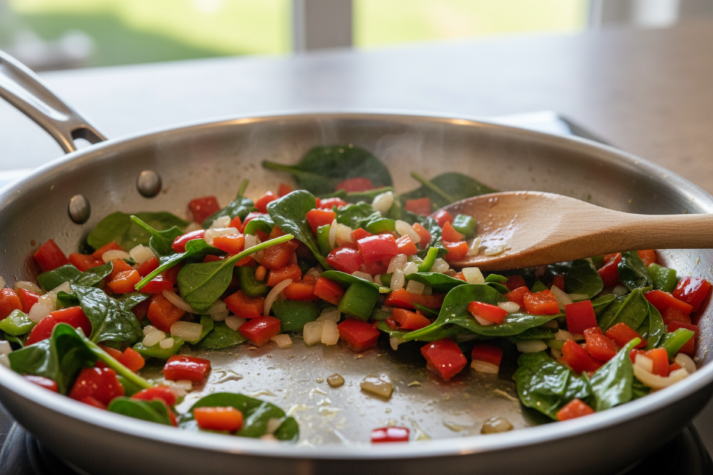 colorful bell peppers onions and spinach being sautéed for keto breakfast casserole