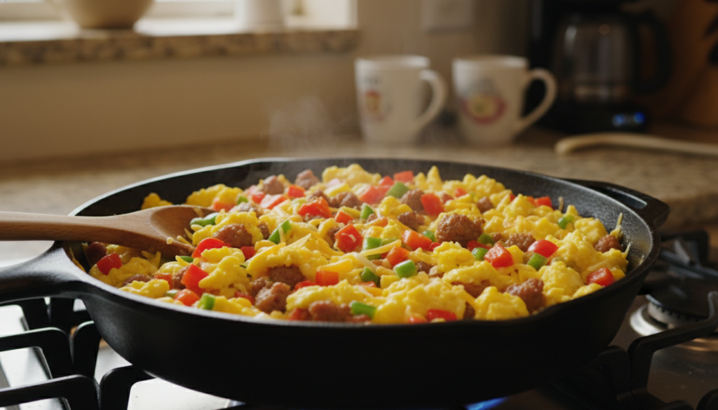 colorful breakfast scramble with eggs, bell peppers, and sausage in a cast iron skillet