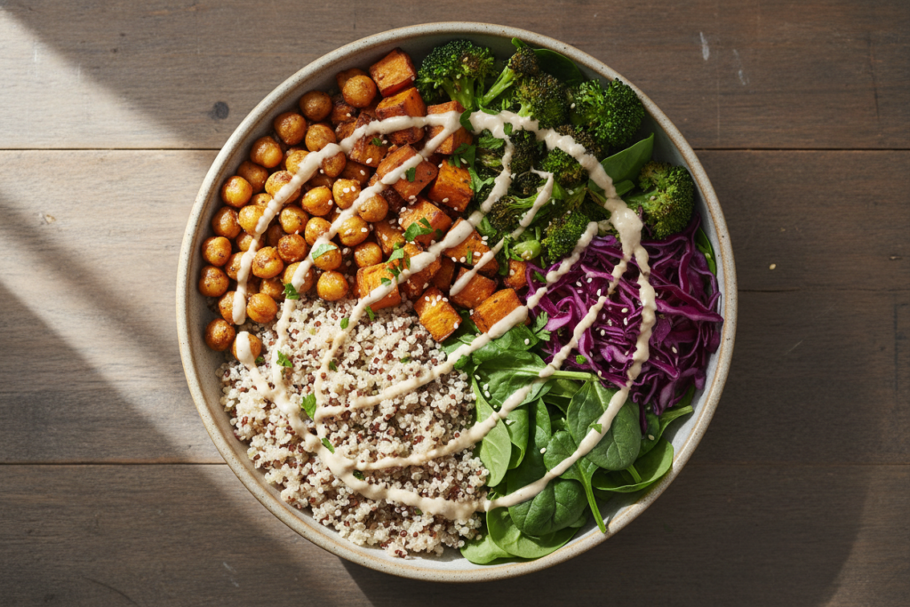 colorful buddha bowl with quinoa, roasted chickpeas, vegetables, and tahini drizzle