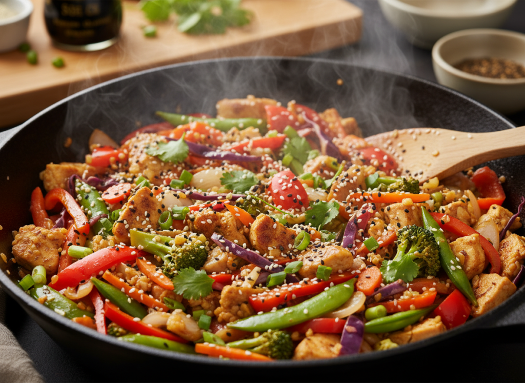 colorful cauliflower rice stir-fry with vegetables and protein in wok colorful cauliflower rice stir-fry with vegetables and protein in wok