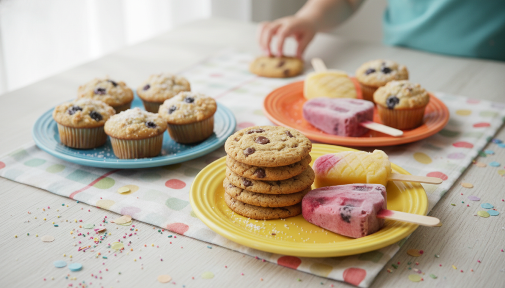 colorful keto desserts arranged for children including cookies and popsicles