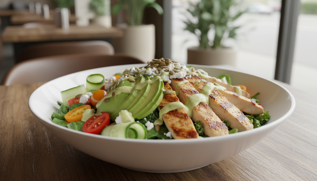 colorful keto lunch salad with chicken, avocado, and vegetables