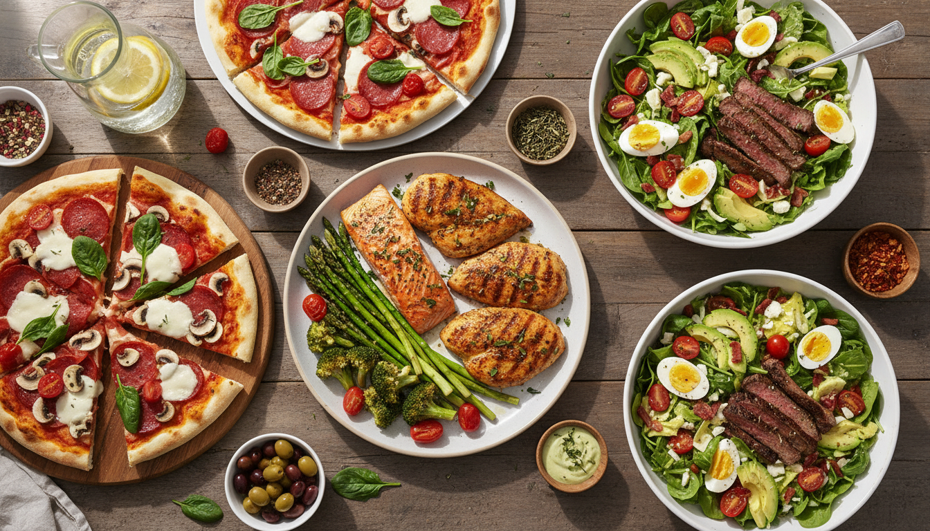 colorful keto meal ideas spread across kitchen counter