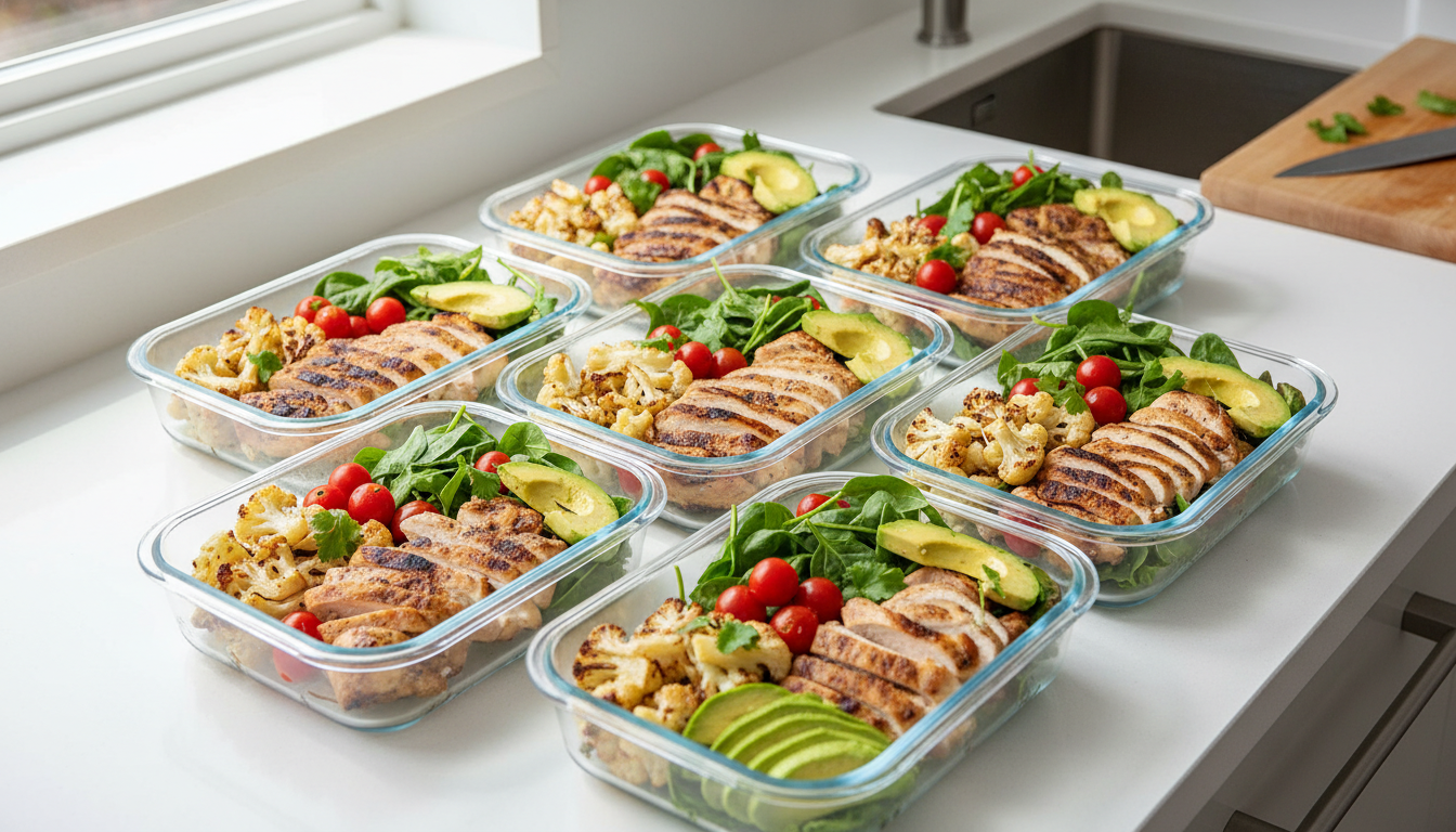 colorful keto meal prep containers filled with chicken, vegetables, and avocado on kitchen counter