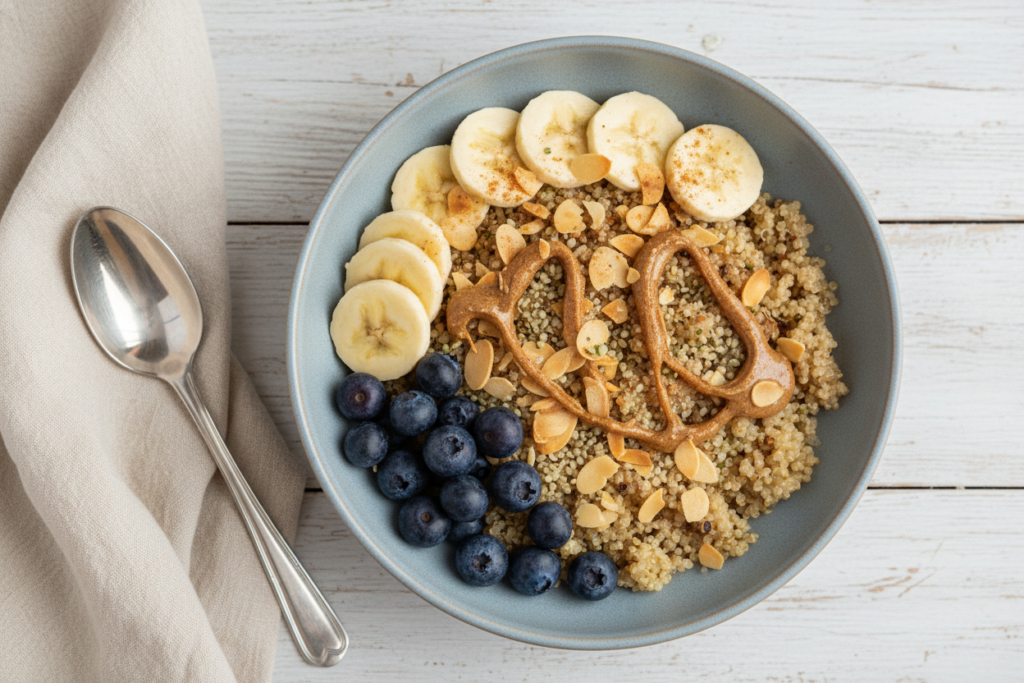 colorful quinoa breakfast bowl topped with nuts berries and a drizzle of almond butter
