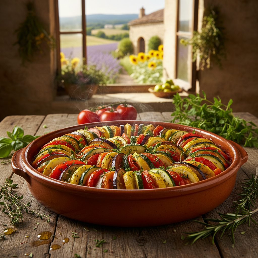 colorful ratatouille with layered vegetables in rustic dish