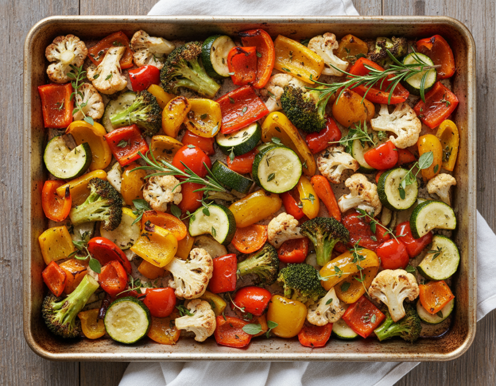 colorful roasted low-carb vegetables on baking sheet colorful roasted low-carb vegetables on baking sheet