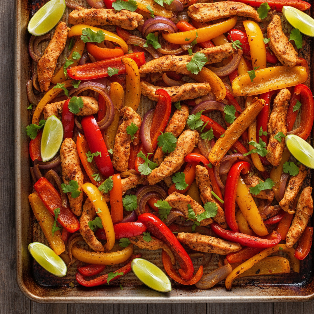 colorful sheet pan fajitas with roasted peppers, onions, and seasoned vegetables
