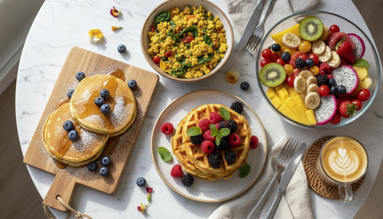 colorful spread of vegan breakfast recipes including pancakes waffles tofu scramble fresh fruit and coffee