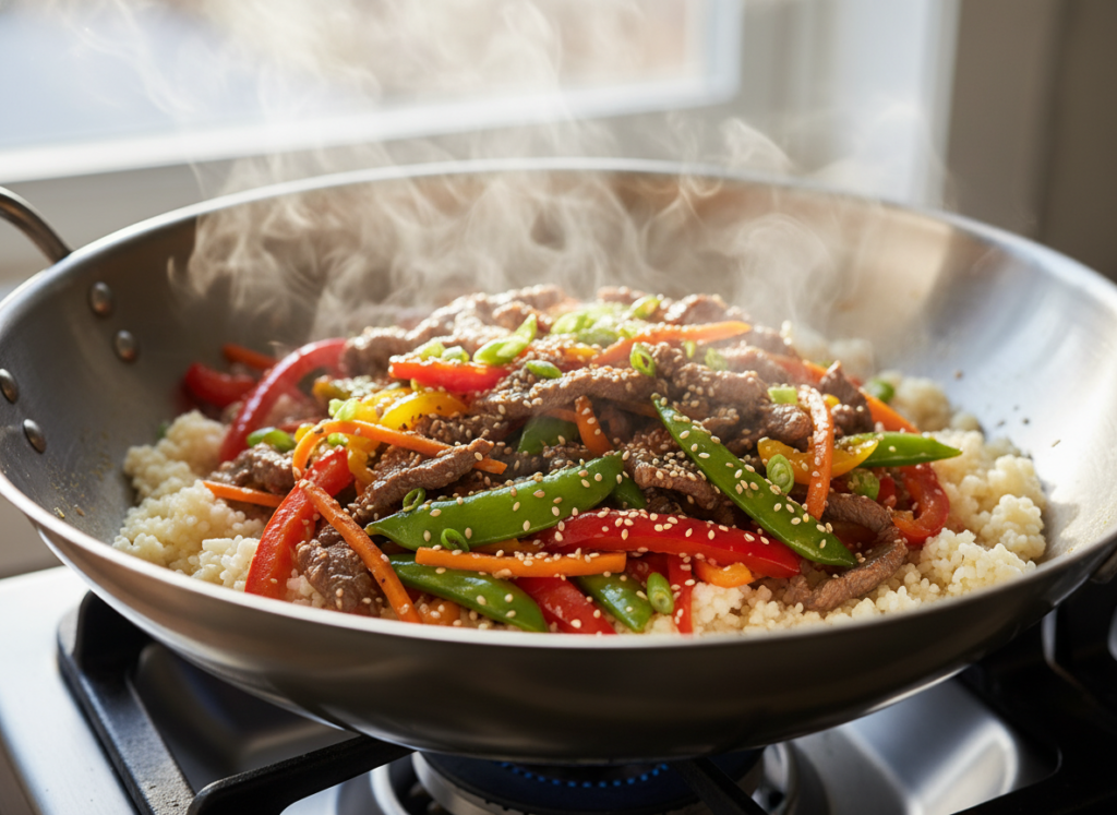 colorful stir fry with cauliflower rice in wok