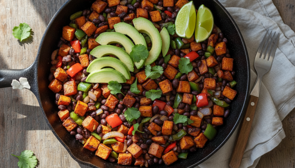 colorful sweet potato hash with black beans, bell peppers, and avocado in a skillet colorful sweet potato hash with black beans, bell peppers, and avocado in a skillet