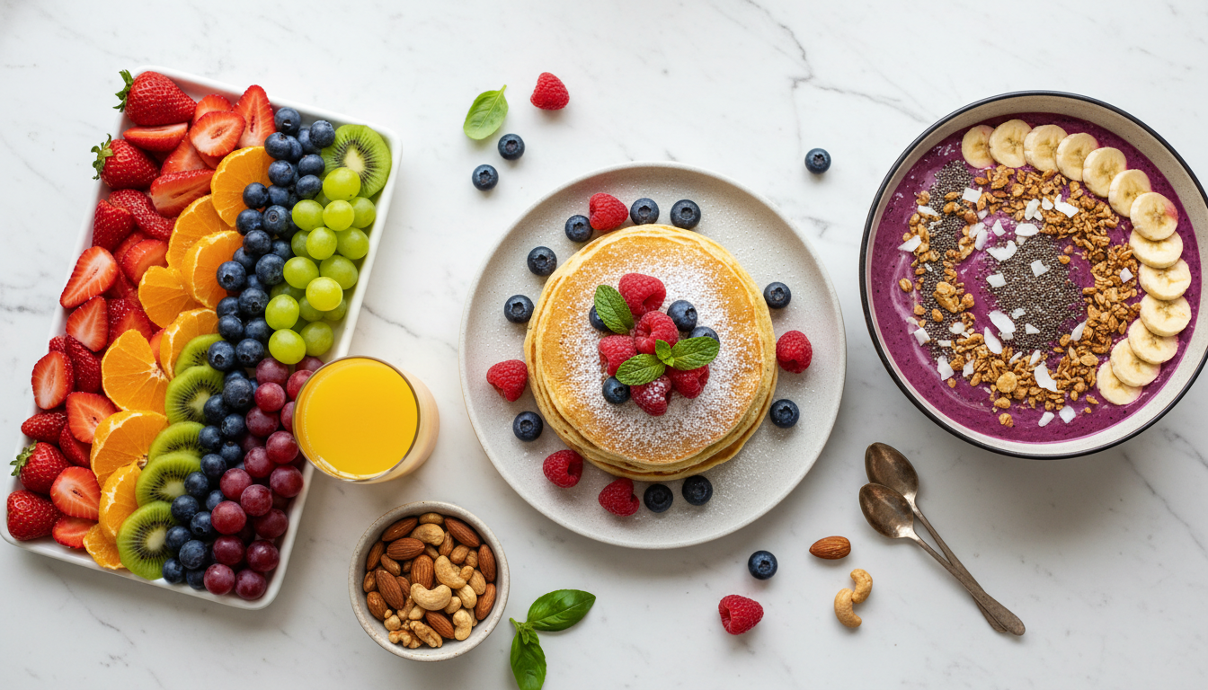 colorful vegan breakfast spread with pancakes, fruit, and smoothie bowl