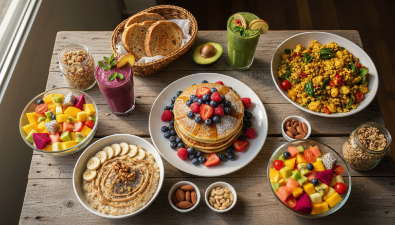 colorful vegan breakfast spread with pancakes, tofu scramble, fresh fruits, and oatmeal bowls on a wooden table