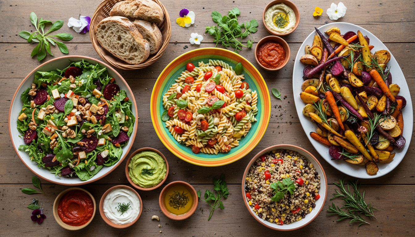 colorful vegan dinner spread with multiple dishes on rustic table