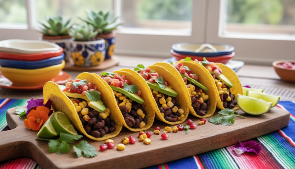colorful vegan tacos with black beans, corn, avocado, and fresh salsa