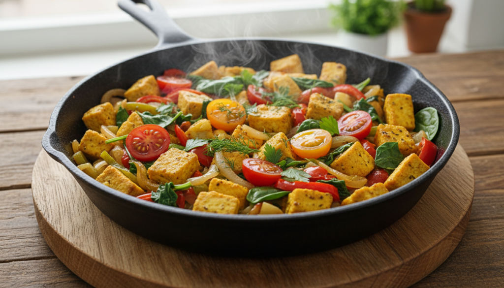 colorful vegan tofu scramble with bell peppers onions and spinach in a cast iron skillet