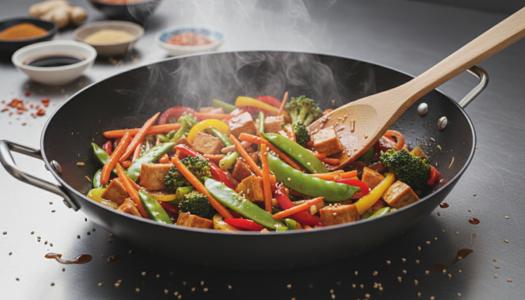 colorful vegetable stir-fry in wok colorful vegetable stir-fry in wok