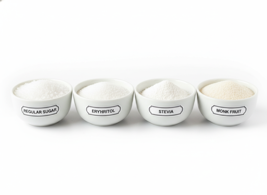 comparison of regular sugar versus keto-friendly sweeteners in small bowls