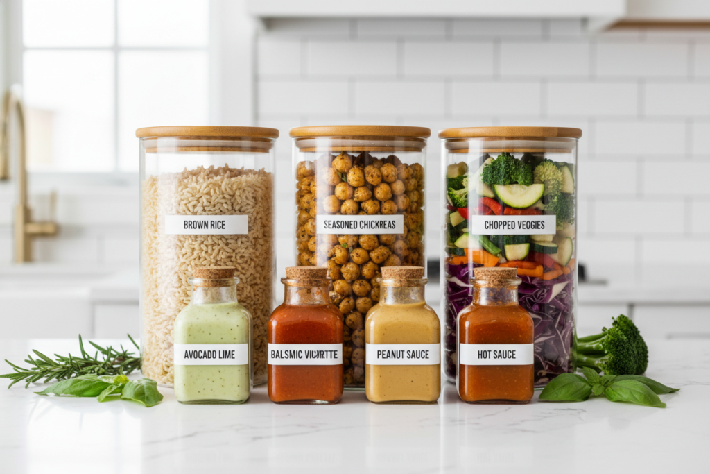 containers of prepped ingredients including cooked grains, beans, and chopped vegetables