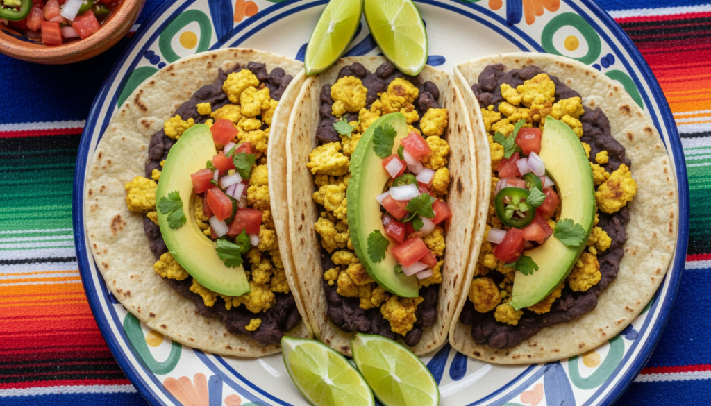corn tortillas filled with seasoned tofu scramble, beans, salsa, and cilantro corn tortillas filled with seasoned tofu scramble, beans, salsa, and cilantro