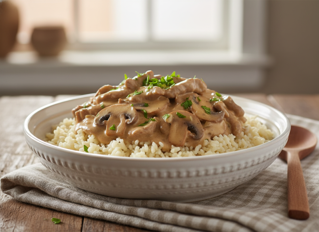 creamy beef stroganoff with mushrooms served over cauliflower rice creamy beef stroganoff with mushrooms served over cauliflower rice