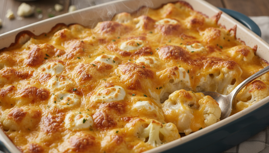 creamy cauliflower mac and cheese in a baking dish