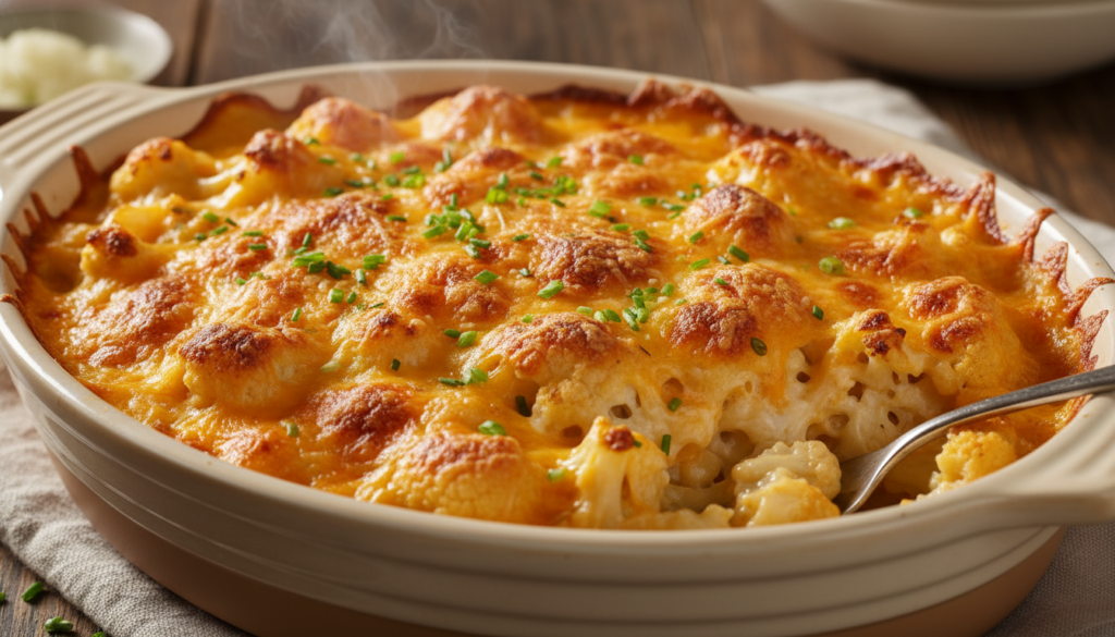 creamy cauliflower mac and cheese in baking dish