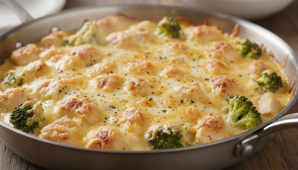 creamy chicken and broccoli in skillet with melted cheese creamy chicken and broccoli in skillet with melted cheese