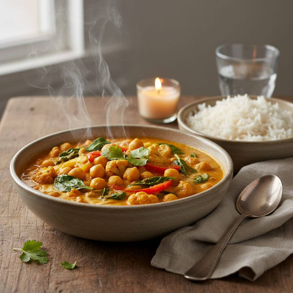 creamy coconut curry with vegetables and chickpeas in rustic bowl