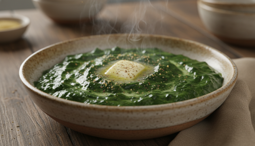 creamy spinach in ceramic bowl with nutmeg garnish