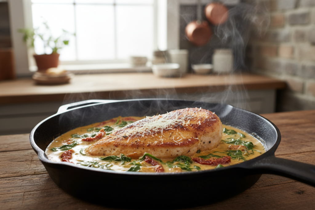 creamy tuscan chicken with sun-dried tomatoes and spinach in skillet