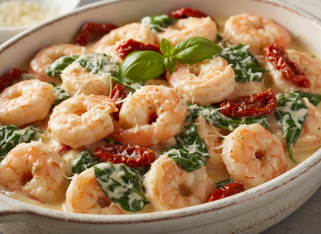 creamy tuscan shrimp with sun-dried tomatoes and spinach