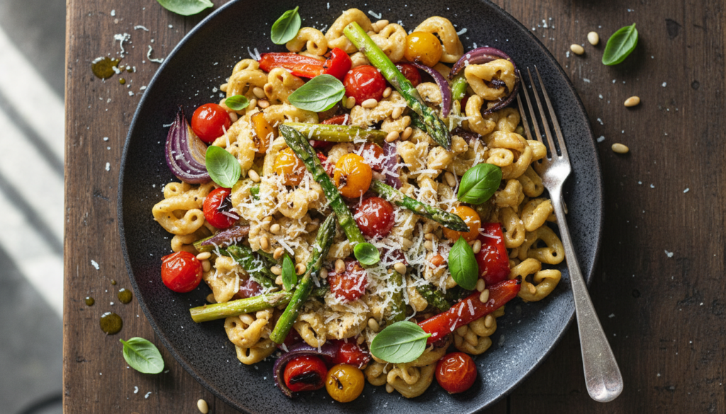 creamy vegan pasta dish with vegetables and fresh herbs on rustic plate