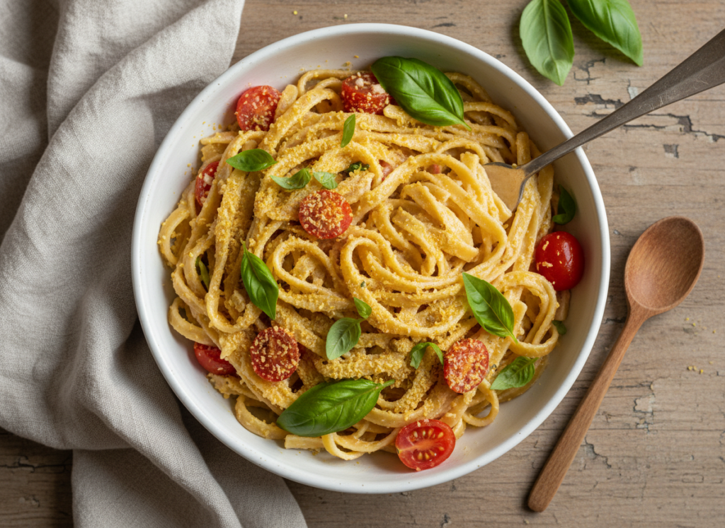 creamy vegan pasta with cherry tomatoes, basil, and nutritional yeast in white bowl