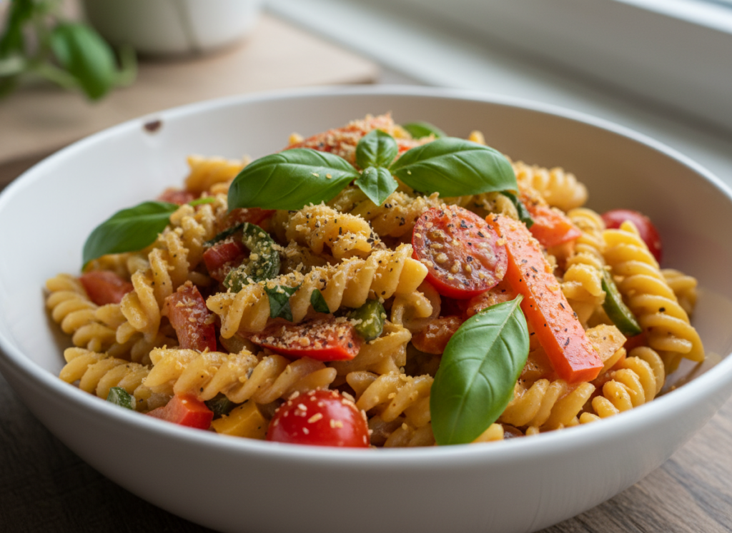 creamy vegan pasta with vegetables in white bowl creamy vegan pasta with vegetables in white bowl