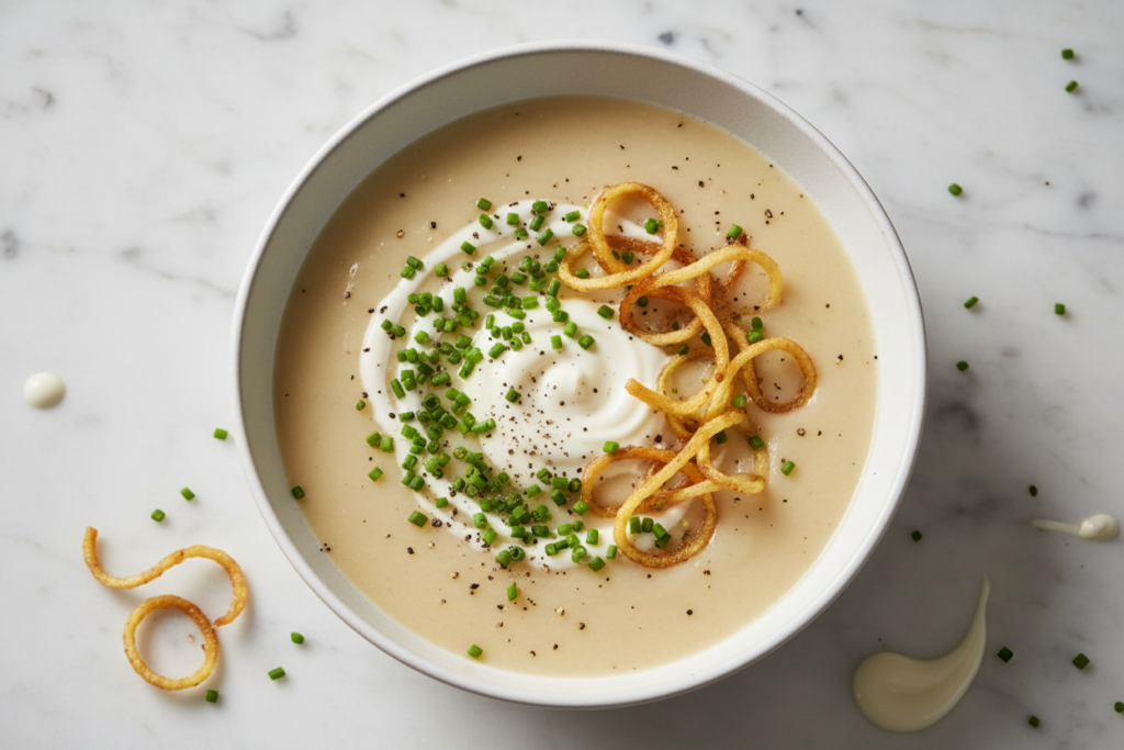 creamy vegan potato soup garnished with chives and crispy potato strips
